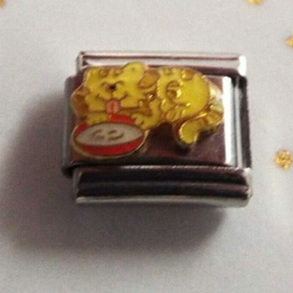 Enamel cat drinking milk 9mm stainless steel Italian charm bracelet link new